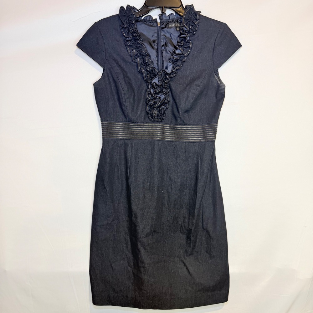 Sandra Darren Womens 8P Dark Blue Ruffle V-Neck Cap Sleeve Sheath Dress Denim
